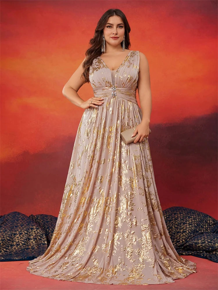 BluePlum Plus Size Luxury Deep V-Neck Satin Sleeveless Gold Evening Dress 2025 Women Long Elegant Split Party Long Cocktail Prom | Blue Plum - Blue Plum