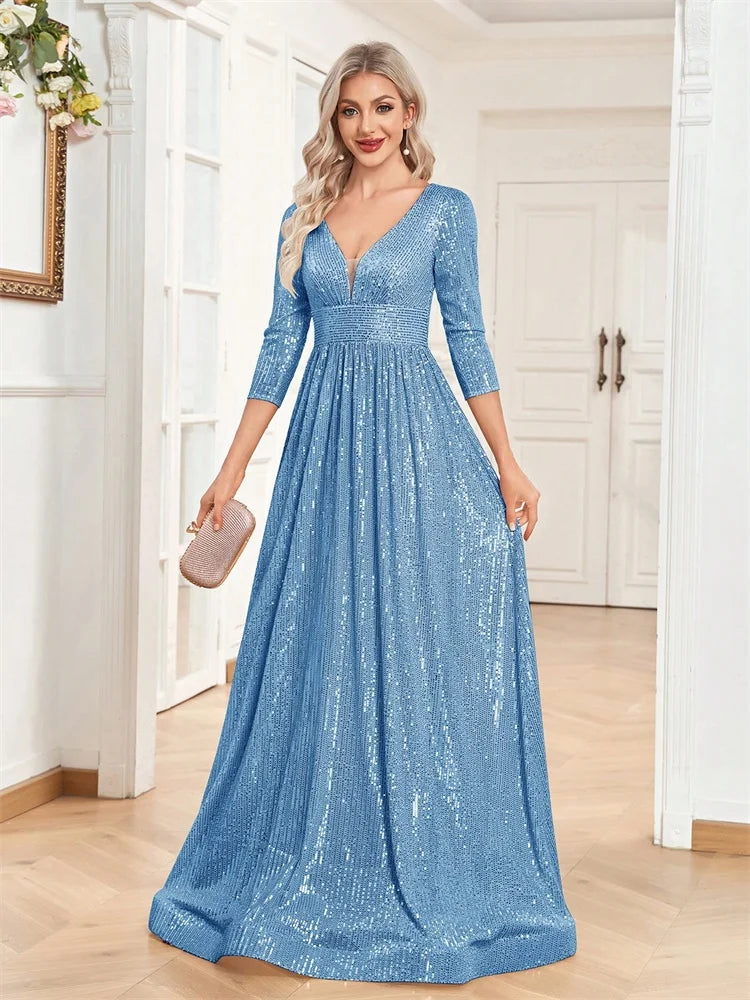 BLUEPLUM Luxury Blue Sequins Evening Maxi Dress | Blue Plum - Blue Plum