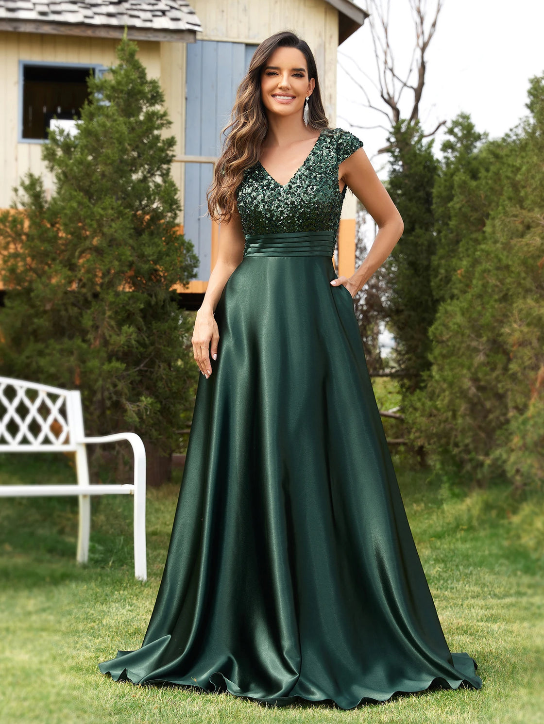 Luxury Blue Sequins V-Neck Evening Gown | Blue Plum - Blue Plum