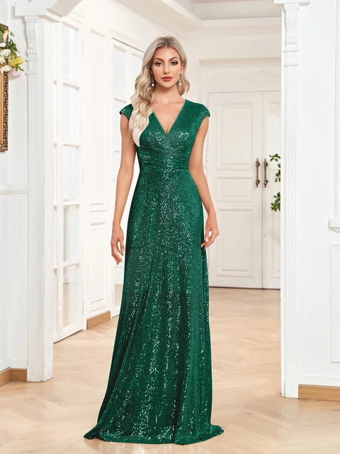 BluePlum Elegant V-neck Blue Sequins Evening Dress Luxury 2025 Women Long Formal Prom Wedding Party Dress Cocktail Gowns Vestidos | Blue Plum - Blue Plum