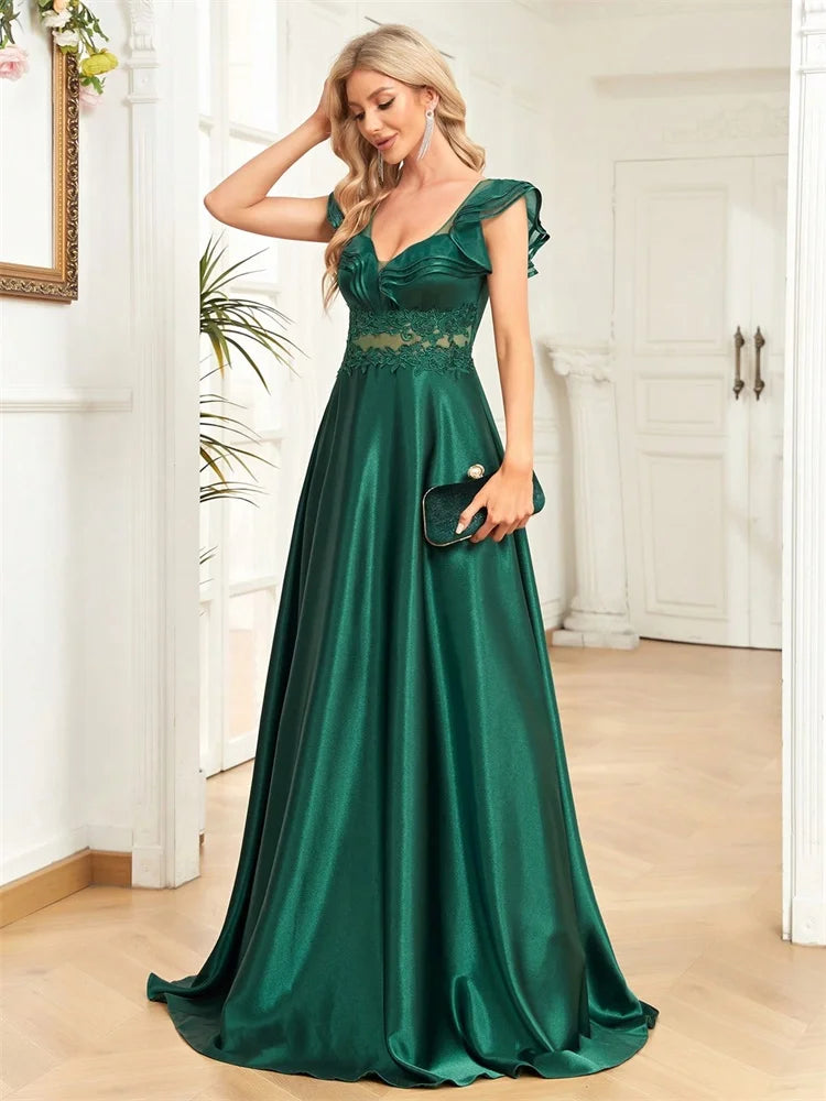 Luxury Green Satin Evening Dress - Sleeveless Deep V-Neck Maxi Gown | Blue Plum - Blue Plum
