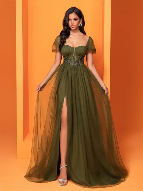 BluePlum Short Sleeves Slit Evening Dress - Elegant Mermaid Maxi | Blue Plum - Blue Plum