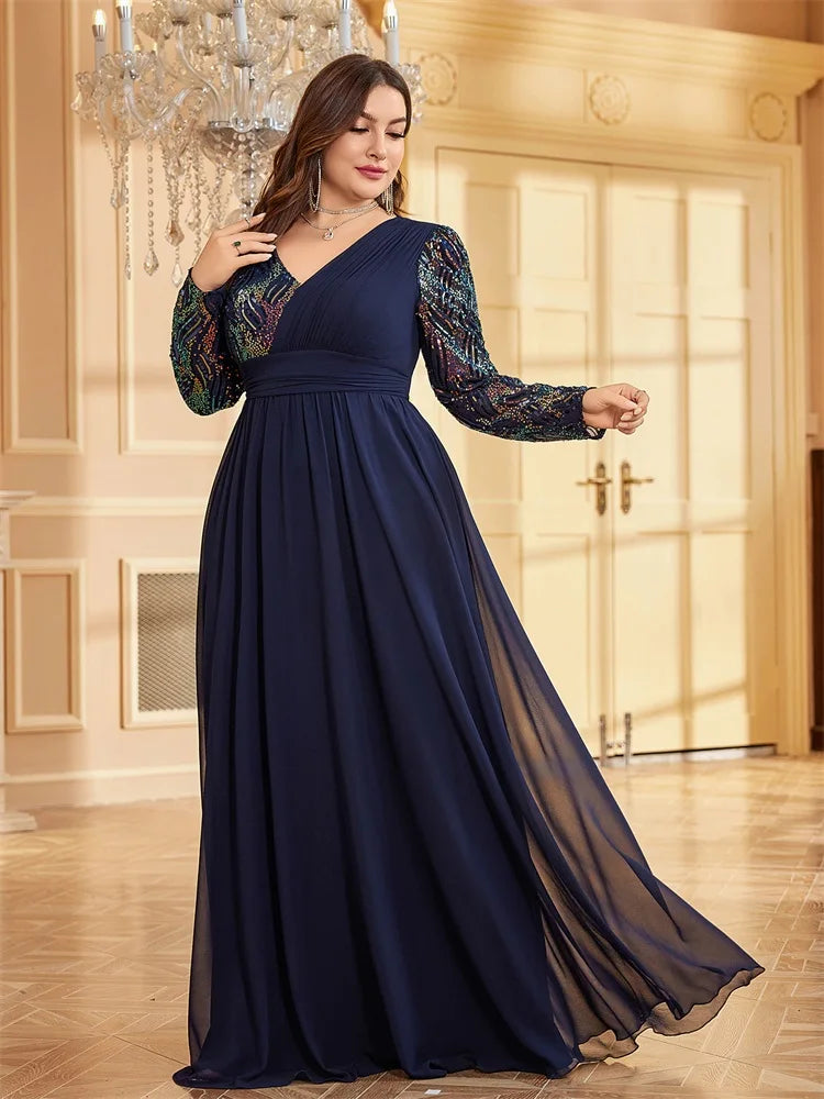 BluePlum Plus Size Luxury Chiffon Long Sleeve Evening Dresses Women Sequin Blue Wedding Party Cocktail Prom Floor Lenght Gowns | Blue Plum - Blue Plum