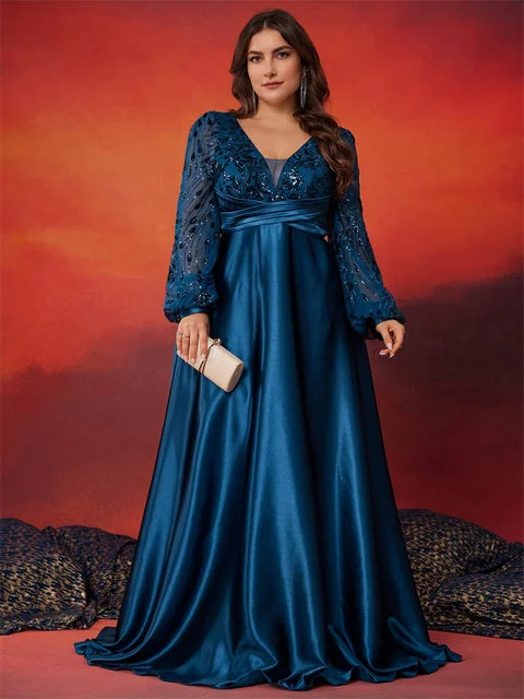Luxury Blue Satin V-Neck Evening Dress - Plus Size | Blue Plum - Blue Plum