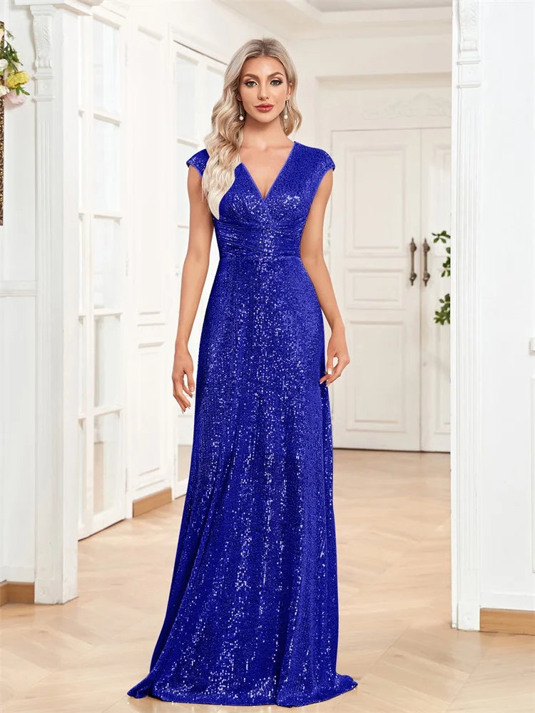 BluePlum Elegant V-neck Blue Sequins Evening Dress Luxury 2025 Women Long Formal Prom Wedding Party Dress Cocktail Gowns Vestidos | Blue Plum - Blue Plum