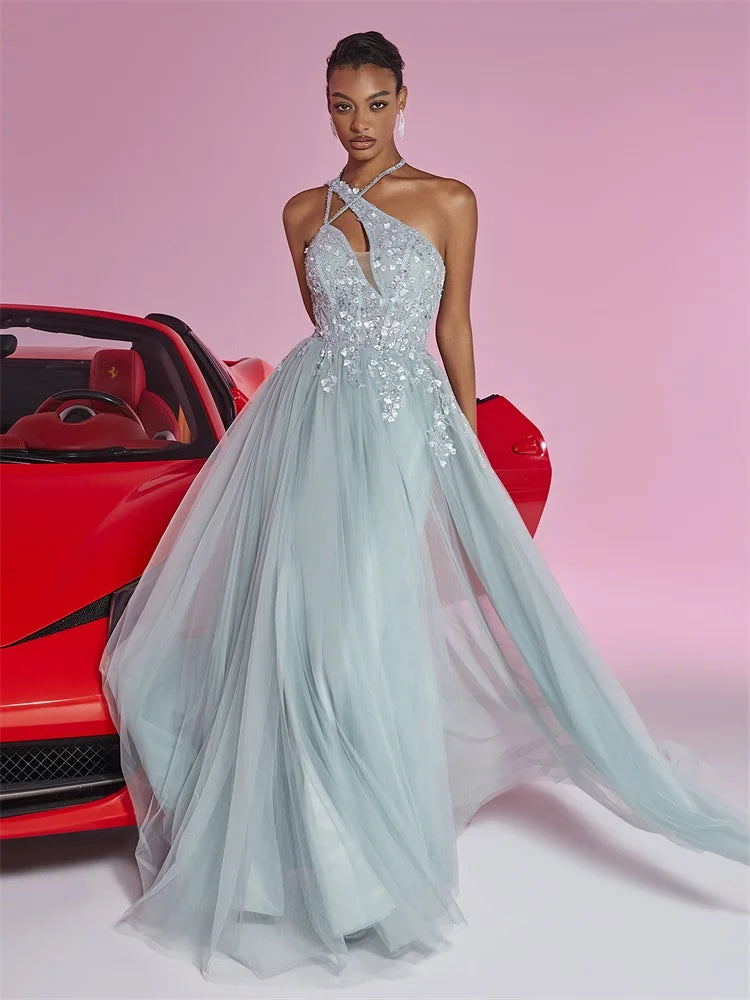 Green Tulle Oblique Shoulder Bridesmaid Dress | Blue Plum - Blue Plum