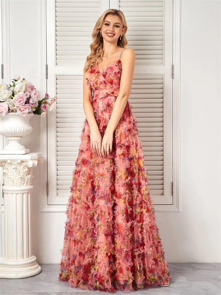 BluePlum Luxury Fashion Floral V-Neck Evening Dress Women Elegant Tulle Bridesmaid Wedding Party Prom Floor Lenght Cocktail Gowns | Blue Plum - Blue Plum