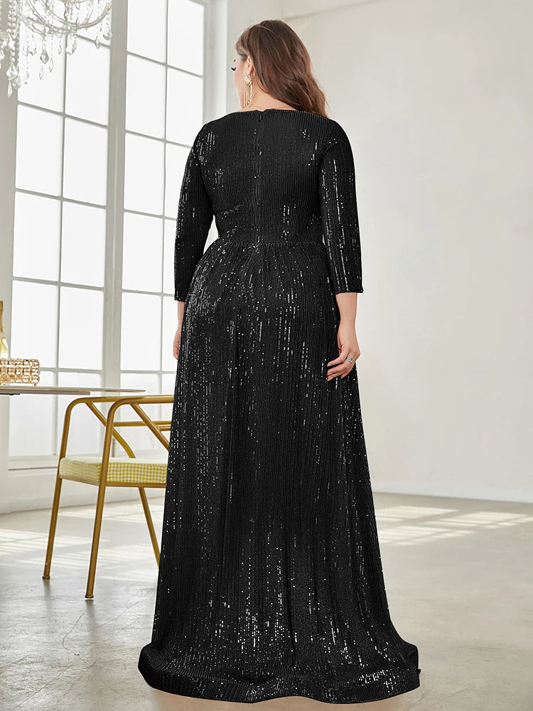 BluePlum Plus Size Elegant VNeck Sequin Evening Dress 2025 Women Formal Maxi Prom Long Sleeves Party Mermaid Luxury Cocktail Dress | Blue Plum - Blue Plum