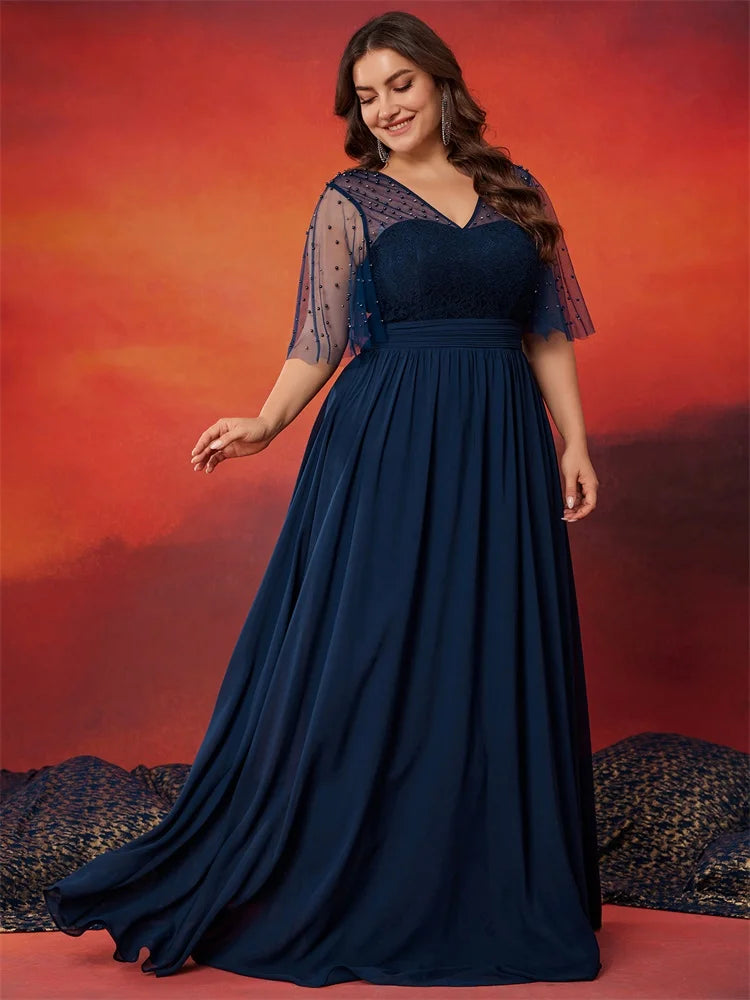 BluePlum Plus Size Luxury V-Neck Chiffon Blue Evening Dress Women Elegant V-back Wedding Party Long Prom Cocktail Dress | Blue Plum - Blue Plum