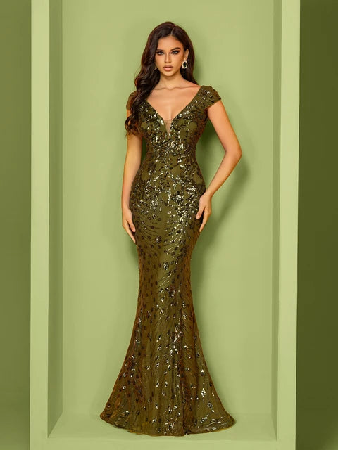 Elegant Green Sequin Mermaid Evening Dress | Blue Plum - Blue Plum