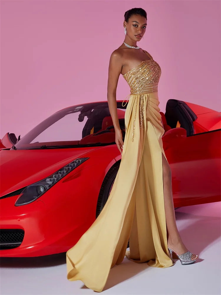Elegant Sequins Split Gold Evening Dress | Blue Plum - Blue Plum