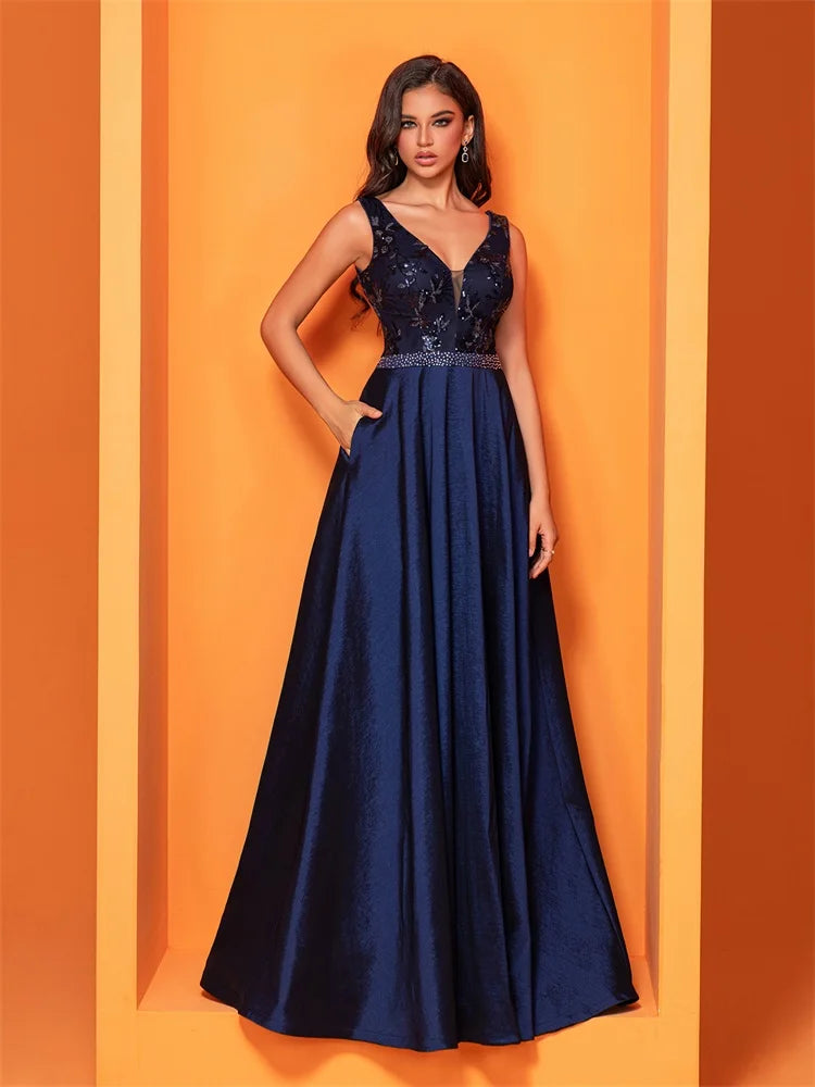 Luxury Sexy Deep V-Neck Sequins Blue Evening Dress Women Elegant V-back Satin Party Long Prom Cocktail Dress | Blue Plum - Blue Plum