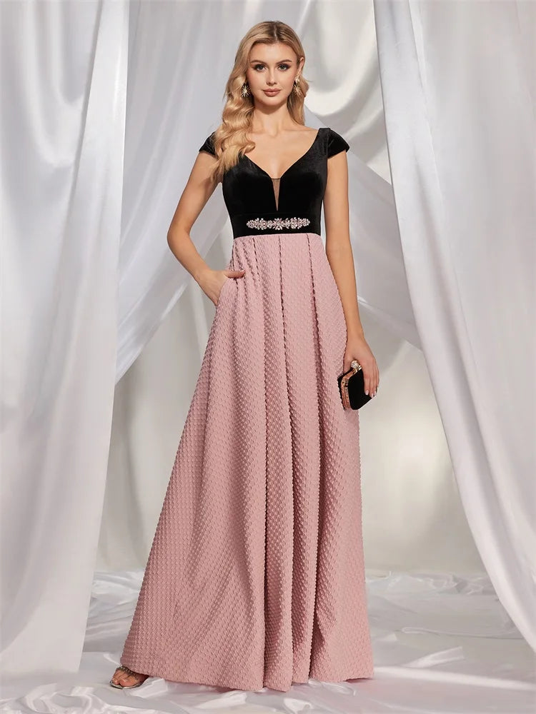 BluePlumB Plus Size Elegant V-back Formal Evening Dress For Women Luxury 2024 V-neck Party Dress Prom Long Pink Cocktail Gowns | Blue Plum - Blue Plum