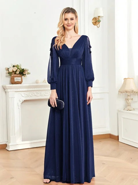 BluePlum Plus Size Elegant Women V-Neck Wedding Party Maxi Dress Luxury Long Sleeve Chiffon Evening Dress Long Prom Cocktail Dress | Blue Plum - Blue Plum