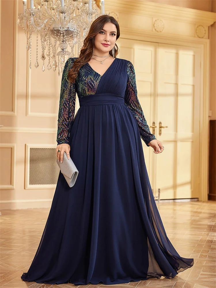 BluePlum Plus Size Luxury Chiffon Long Sleeve Evening Dresses Women Sequin Blue Wedding Party Cocktail Prom Floor Lenght Gowns | Blue Plum - Blue Plum