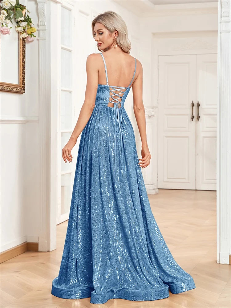 BLUEPLUM Sequins Backless Blue Evening Dress 2025 | Blue Plum - Blue Plum