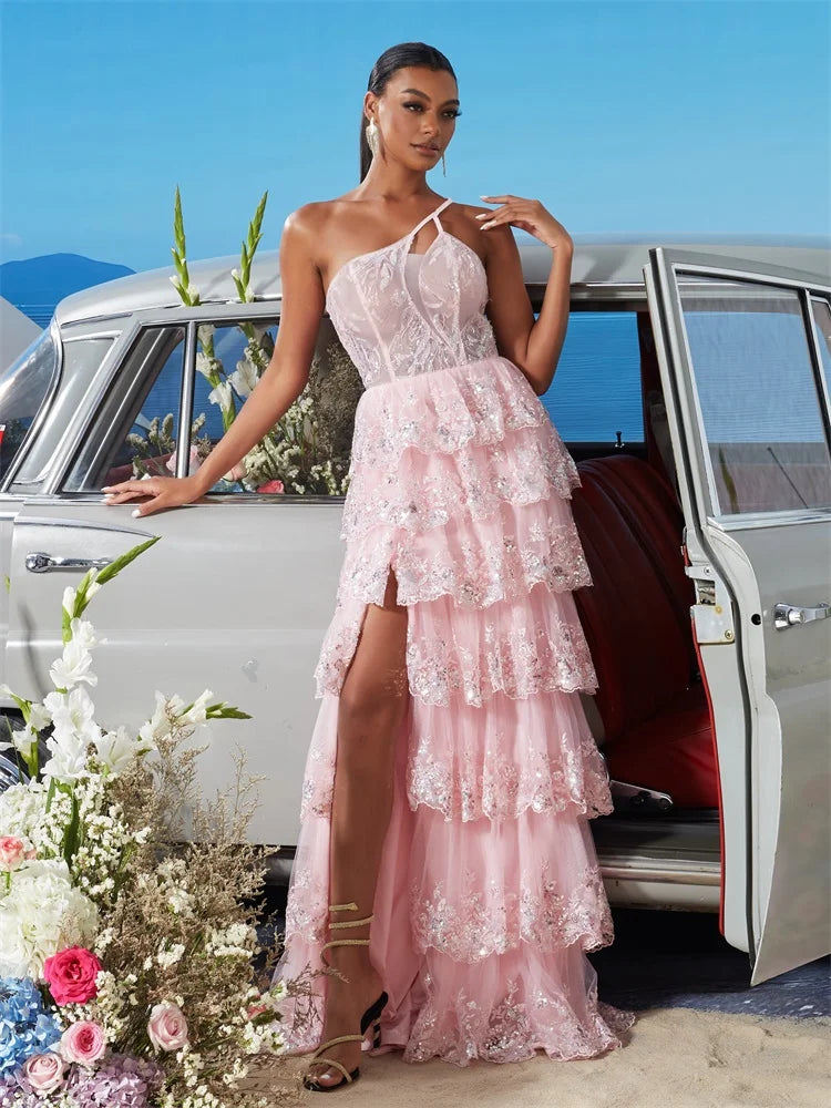 Luxury Oblique Shoulder Pink Slit Chiffon Mermaid Evening Dress | Blue Plum - Blue Plum
