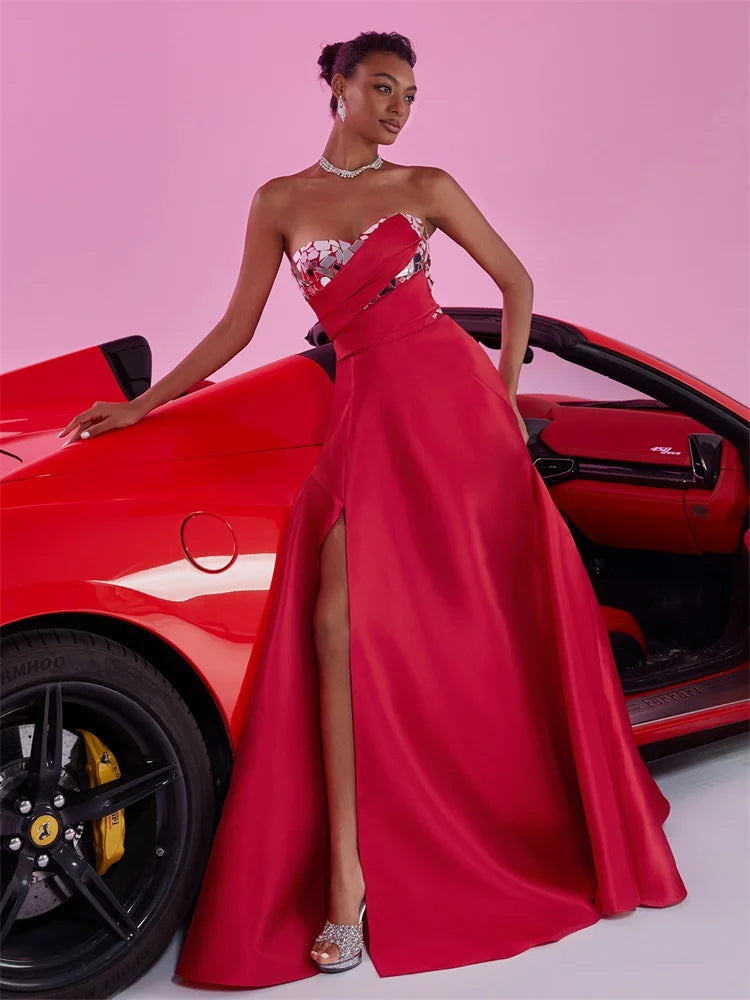 Blueplum Red Satin Split A-line Evening Dress | Blue Plum - Blue Plum