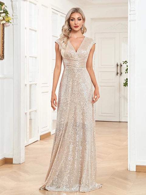 BluePlum Elegant V-neck Blue Sequins Evening Dress Luxury 2025 Women Long Formal Prom Wedding Party Dress Cocktail Gowns Vestidos | Blue Plum - Blue Plum