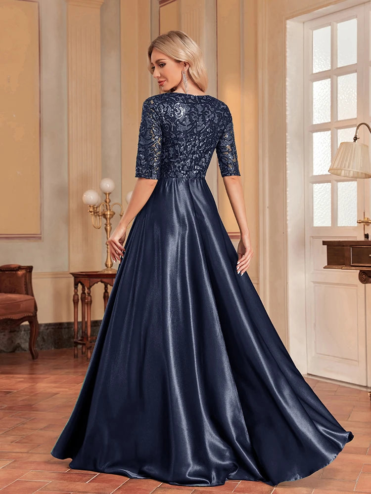 BluePlum Elegant Short Sleeve Blue Sequins Evening Dress Women Satin Sexy V-neck Wedding Party Prom Cocktail Floor Lenght Dresses | Blue Plum - Blue Plum