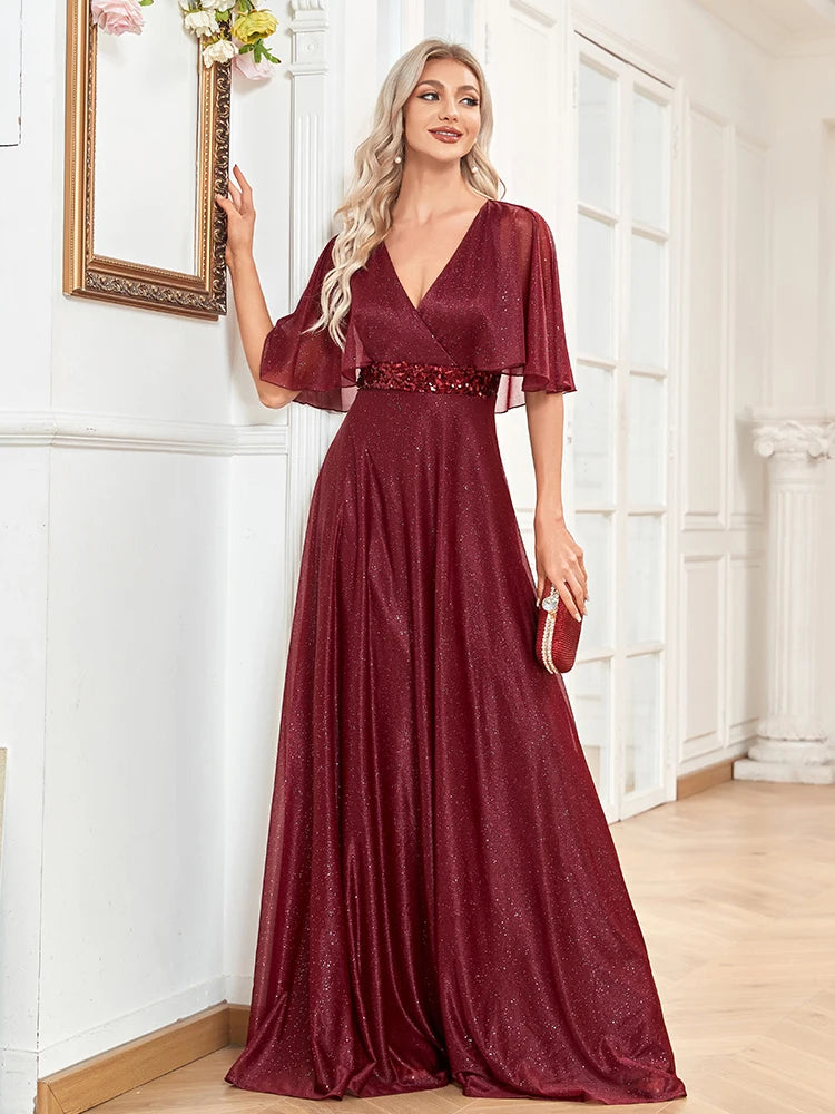 BluePlum Elegant Short sleeve Sequin Formal Evening Dress 2025 Women Wedding Party Prom V-Neck Ruffles Chiffon Red Gown Vestidos | Blue Plum - Blue Plum