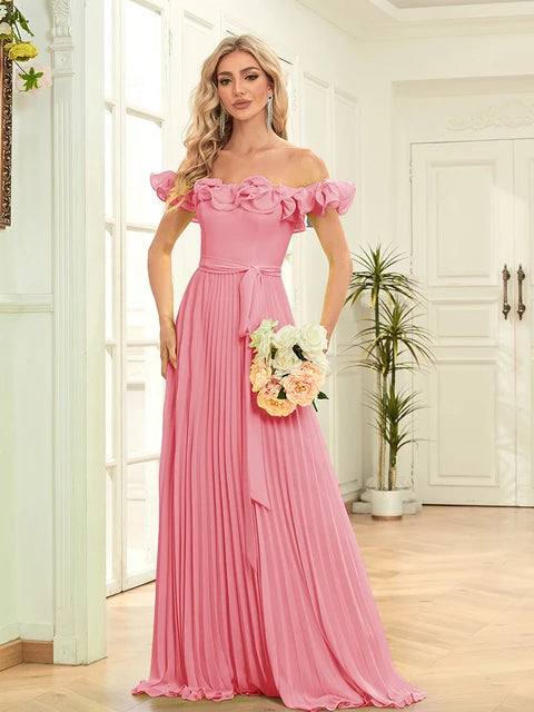 BluePlum Elegant Chiffon Green Evening Dresses Long A-LINE Off-the-shoulder 2024 Women Simple Bridesmaid Wedding Party Dress Prom | Blue Plum - Blue Plum