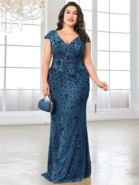 BluePlum Plus Size Elegant Sequin Evening Dress Long 2025 Women Mermaid Formal Deep V-neck Prom Luxury Wedding Party Dresses | Blue Plum - Blue Plum