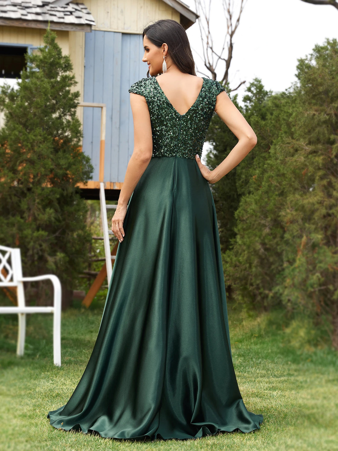 Luxury Blue Sequins V-Neck Evening Gown | Blue Plum - Blue Plum