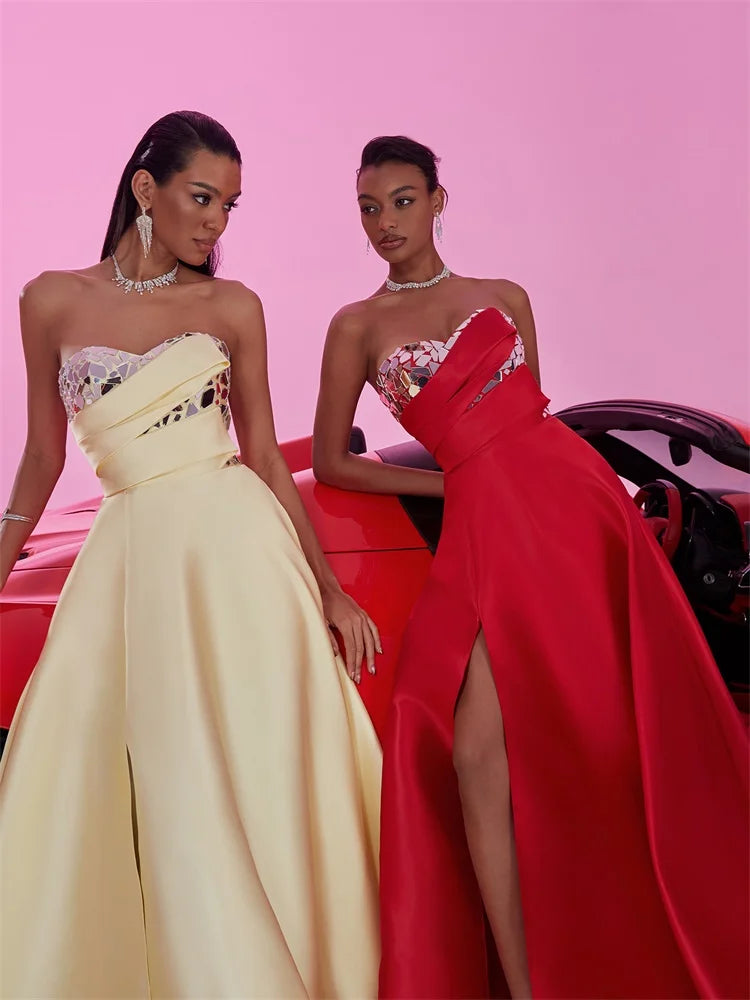 Blueplum Red Satin Split A-line Evening Dress | Blue Plum - Blue Plum