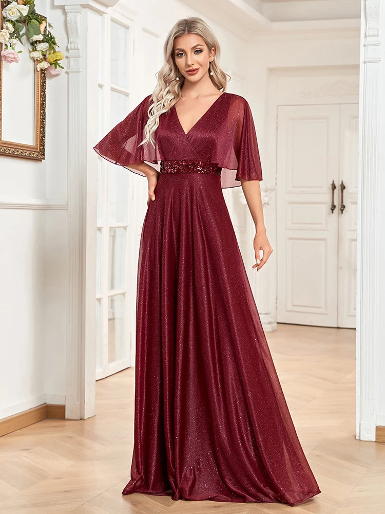 BluePlum Elegant Short sleeve Sequin Formal Evening Dress 2025 Women Wedding Party Prom V-Neck Ruffles Chiffon Red Gown Vestidos | Blue Plum - Blue Plum