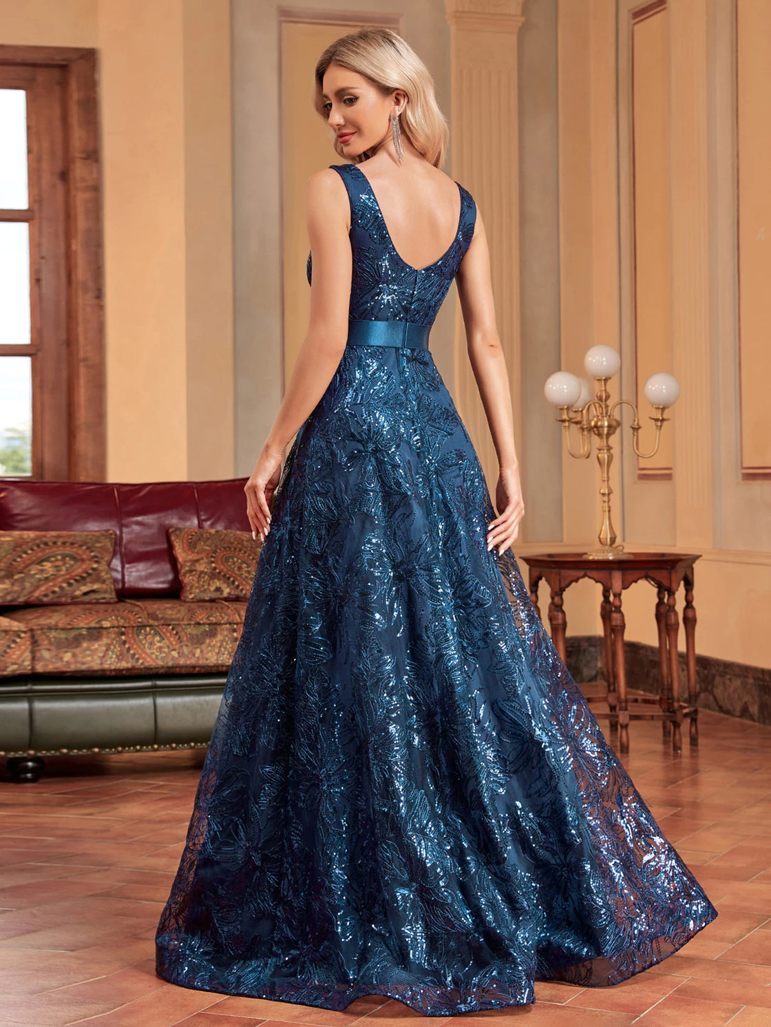 Luxury Deep V-Neck Sequins Blue Evening Dress | Blue Plum - Blue Plum