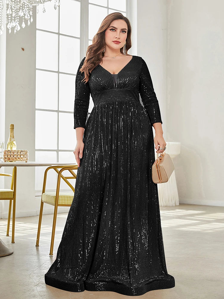 BluePlum Plus Size Elegant VNeck Sequin Evening Dress 2025 Women Formal Maxi Prom Long Sleeves Party Mermaid Luxury Cocktail Dress | Blue Plum - Blue Plum