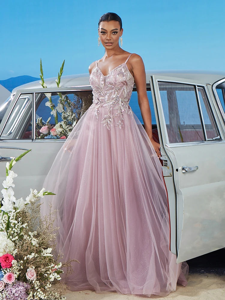 Pink V-neck Bridesmaid Evening Dress with Blueplum Suspenders | Blue Plum - Blue Plum