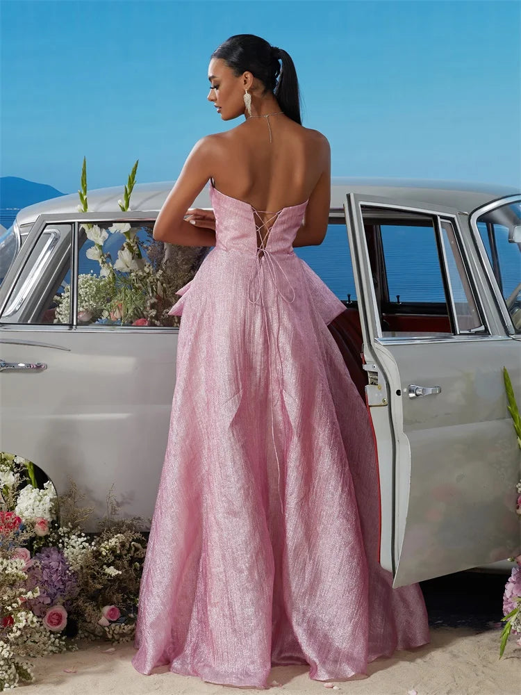 BLUEPLUM Off-shoulder Bow Pink Evening Dress - Elegant Women's A-line Gown | Blue Plum - Blue Plum