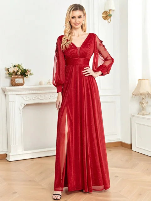 BluePlum Plus Size Elegant Women V-Neck Wedding Party Maxi Dress Luxury Long Sleeve Chiffon Evening Dress Long Prom Cocktail Dress | Blue Plum - Blue Plum