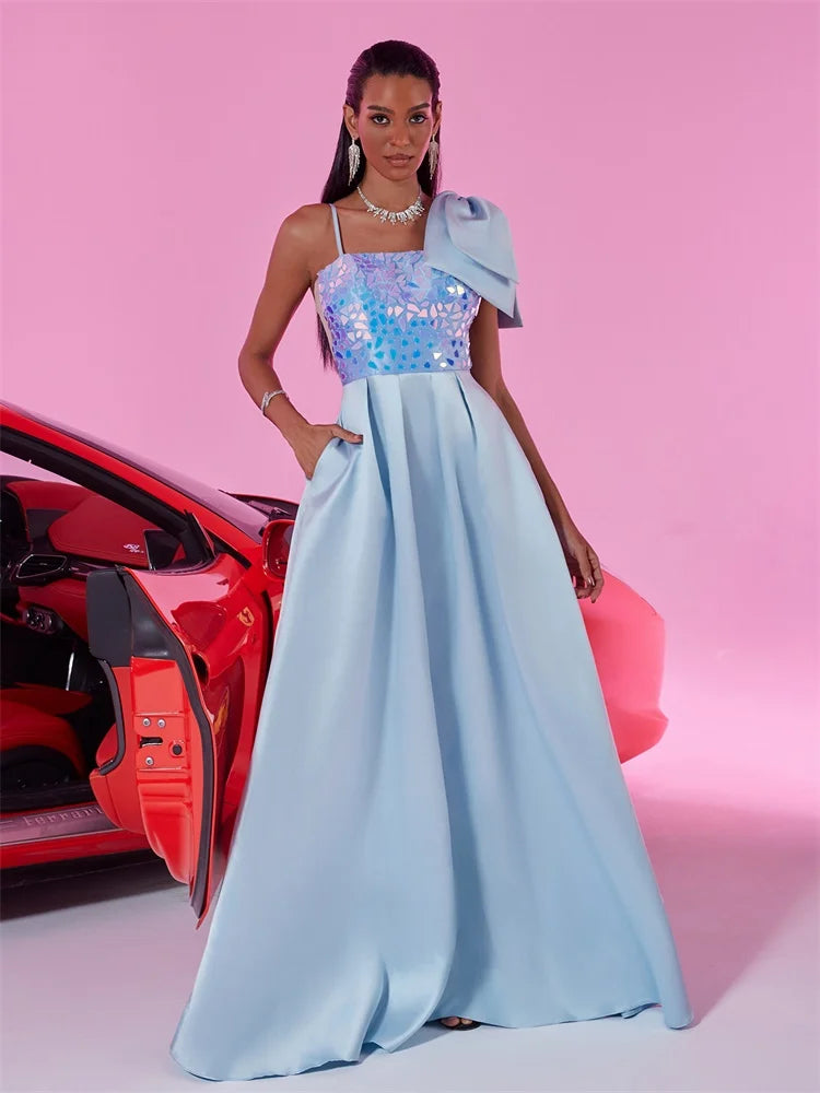 Elegant Satin Blue Bow Bridesmaid Dress - Luxury A-line Gown | Blue Plum - Blue Plum