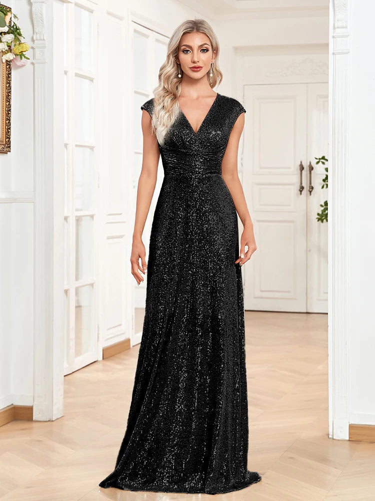 BluePlum Elegant V-neck Blue Sequins Evening Dress Luxury 2025 Women Long Formal Prom Wedding Party Dress Cocktail Gowns Vestidos | Blue Plum - Blue Plum