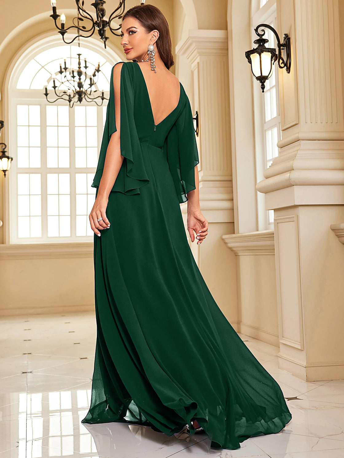 BluePlum Luxury Chiffon Long Sleeve Green Evening Dresses Sexy High Slit Women Dress V-Back Formal Wedding Party Gowns Vestidos | Blue Plum - Blue Plum