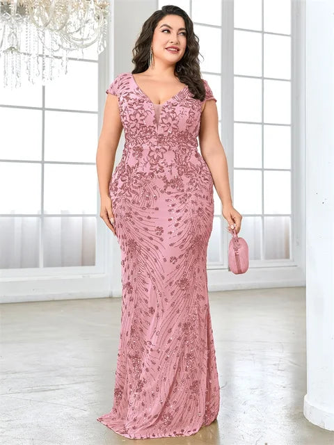 BluePlum Plus Size Elegant Sequin Evening Dress Long 2025 Women Mermaid Formal Deep V-neck Prom Luxury Wedding Party Dresses | Blue Plum - Blue Plum