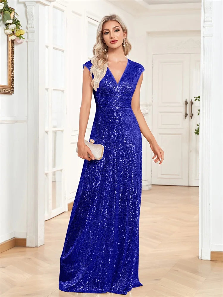 BluePlum Elegant V-neck Blue Sequins Evening Dress Luxury 2025 Women Long Formal Prom Wedding Party Dress Cocktail Gowns Vestidos | Blue Plum - Blue Plum
