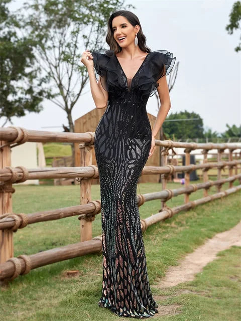 BluePlum Elegant Blue Evening Dress For Women 2024 Luxury Long Mermaid Formal Sequins V-neck Prom Wedding Party Cocktail Gowns | Blue Plum - Blue Plum