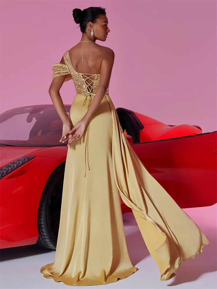 Elegant Sequins Split Gold Evening Dress | Blue Plum - Blue Plum