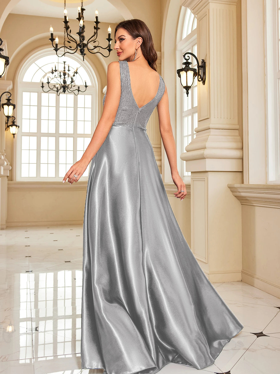 Luxury Sequin V-Neck Evening Gown | Blue Plum - Blue Plum