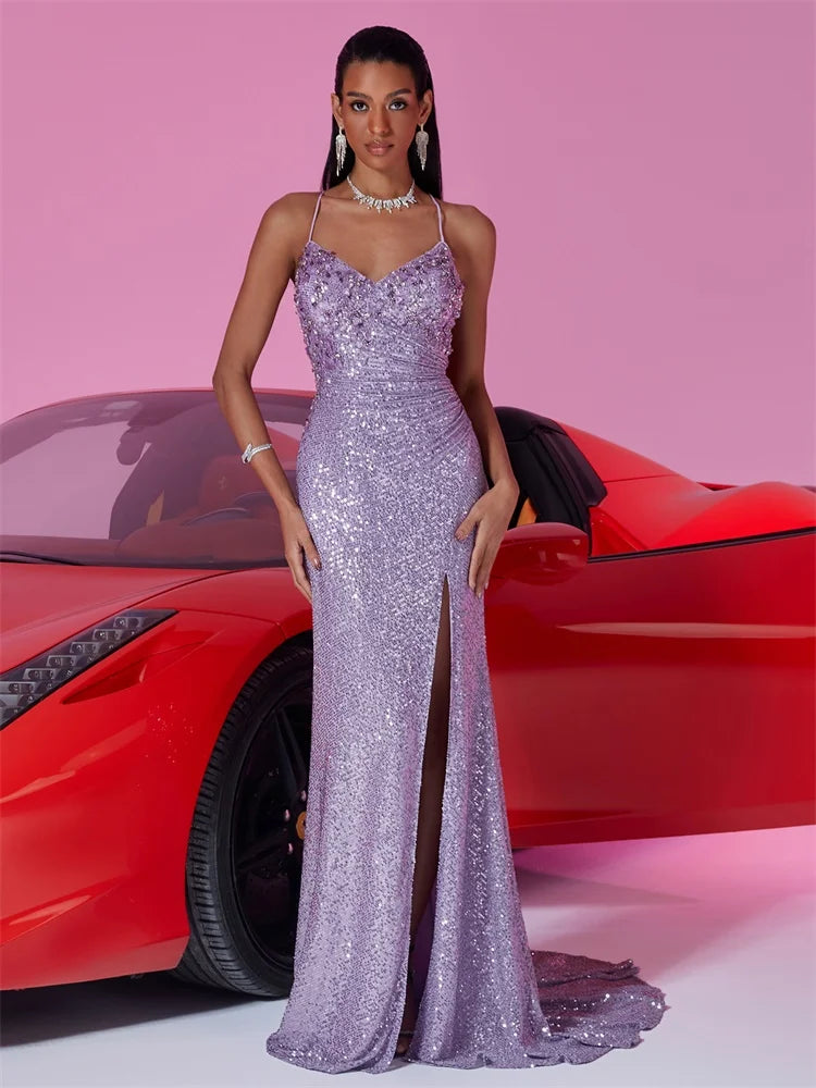 Sequin Purple Evening Dress with Sexy Backless Detail | Blue Plum - Blue Plum