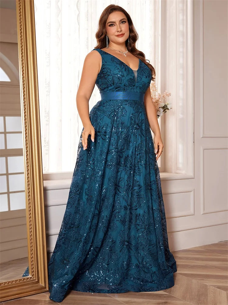 BluePlum Plus Size Luxury Sexy Deep V-Neck Sequins Blue Evening Dress Women Elegant V-back Wedding Party Long Prom Cocktail Dress | Blue Plum - Blue Plum