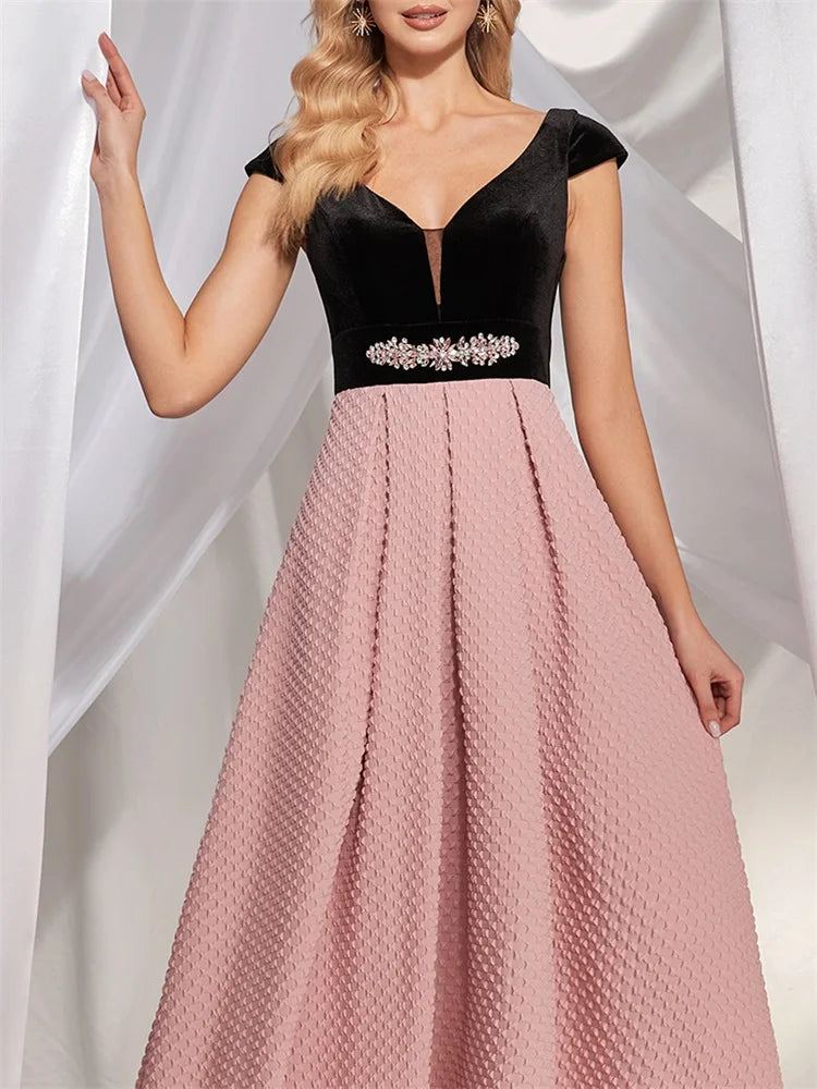 BluePlumB Plus Size Elegant V-back Formal Evening Dress For Women Luxury 2024 V-neck Party Dress Prom Long Pink Cocktail Gowns | Blue Plum - Blue Plum