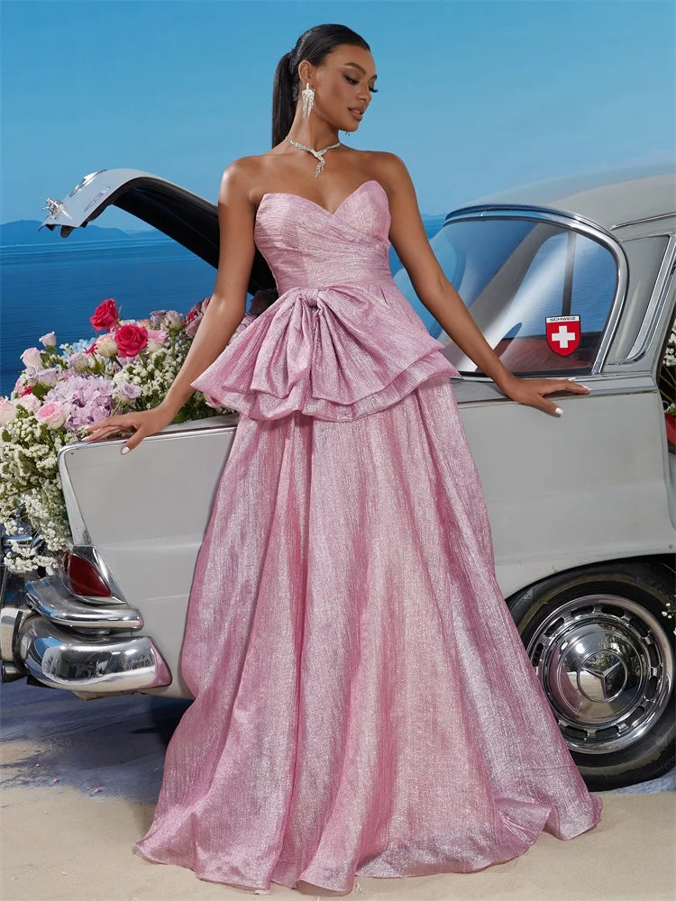 BLUEPLUM Off-shoulder Bow Pink Evening Dress - Elegant Women's A-line Gown | Blue Plum - Blue Plum