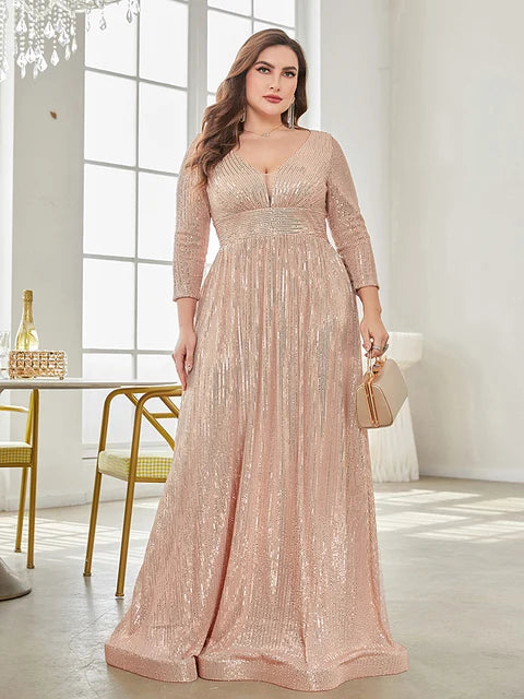 BluePlum Plus Size Elegant VNeck Sequin Evening Dress 2025 Women Formal Maxi Prom Long Sleeves Party Mermaid Luxury Cocktail Dress | Blue Plum - Blue Plum