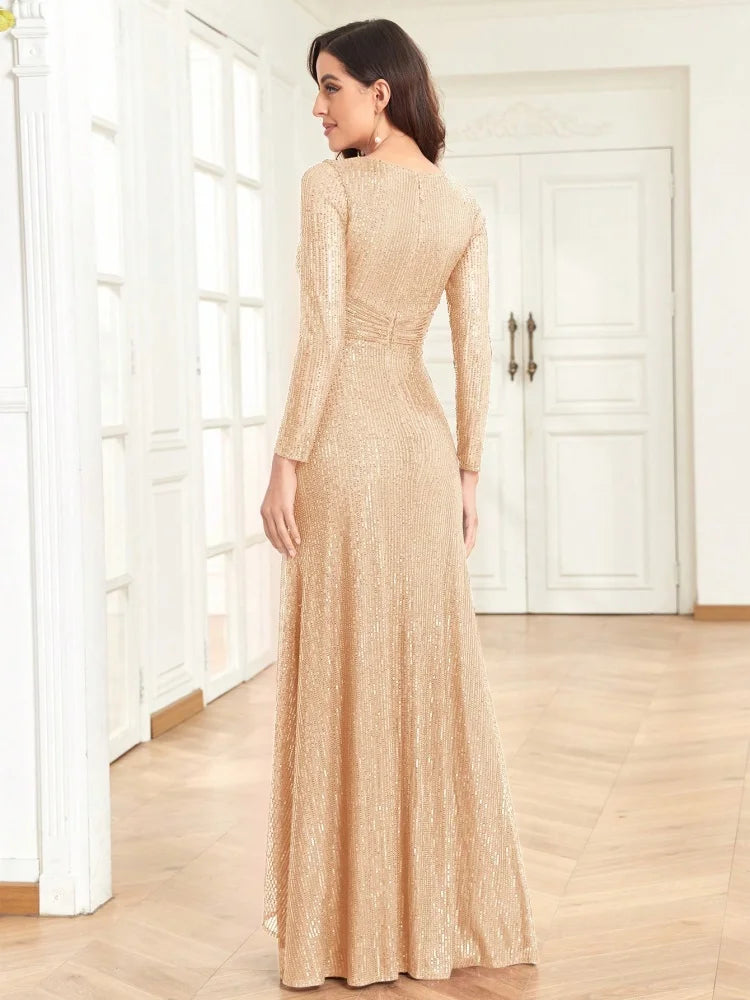 BLUEPLUM Elegant Gold Sequin V-Neck Maxi Evening Dress | Blue Plum - Blue Plum