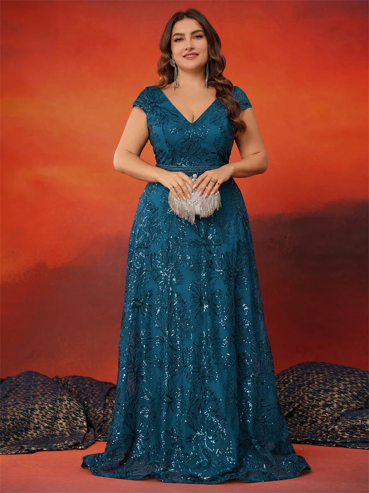 BluePlum Plus Size Luxury V-Back Sequins Blue Evening Dress Women Elegant V-back Wedding Party Long Prom Cocktail Dresses Gown | Blue Plum - Blue Plum